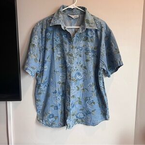 Vintage Denim Short Sleeve Button Down Floral Hydrangea Print Cotton XL